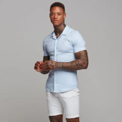 Father Sons Super Slim Stretch Revere Light Blue Oxford Short Sleeve - FS439