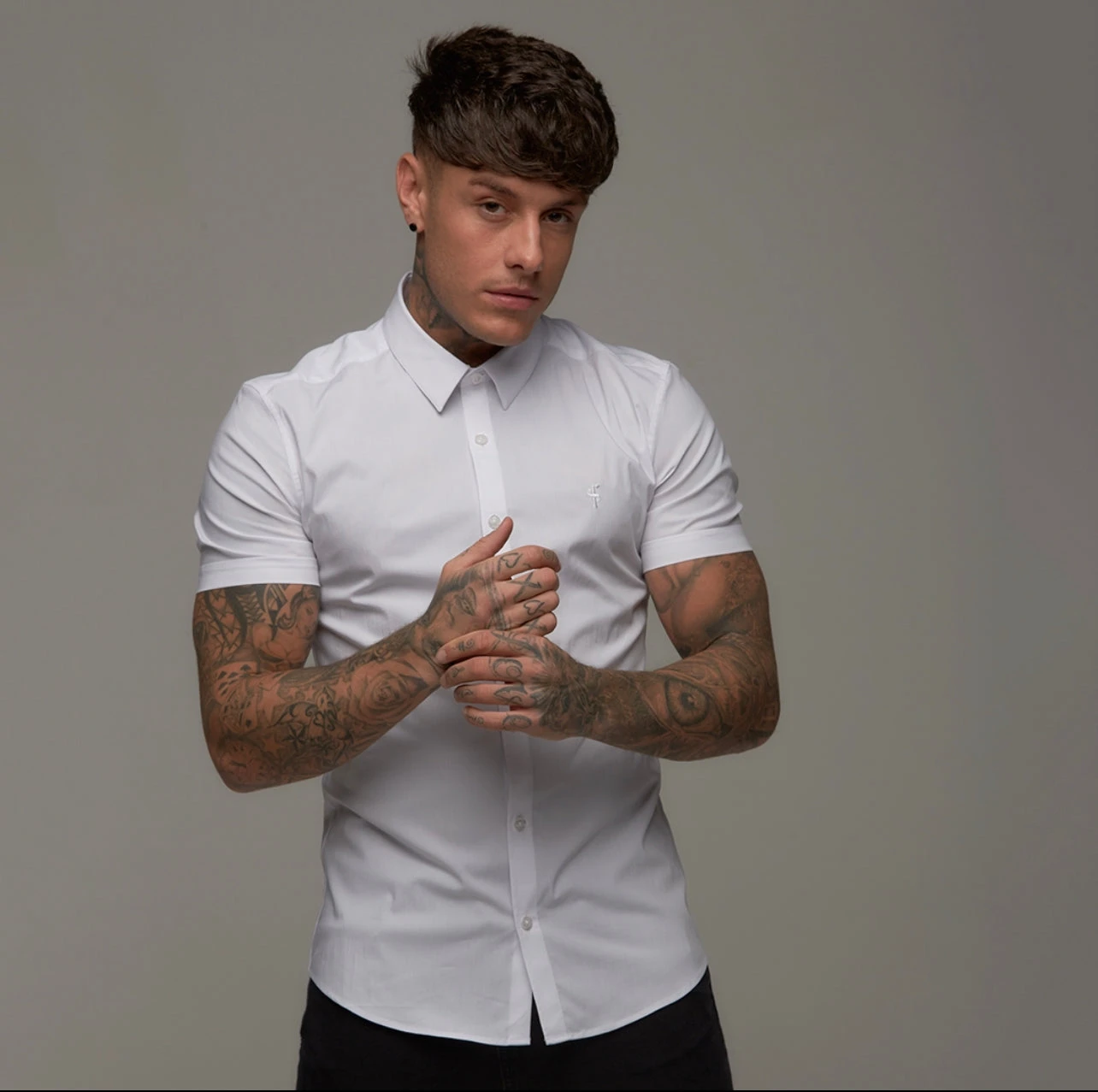 Father Sons Super Slim Stretch White Tonal Buttons And Embroidery Short Sleeve - FS889 - Image 5