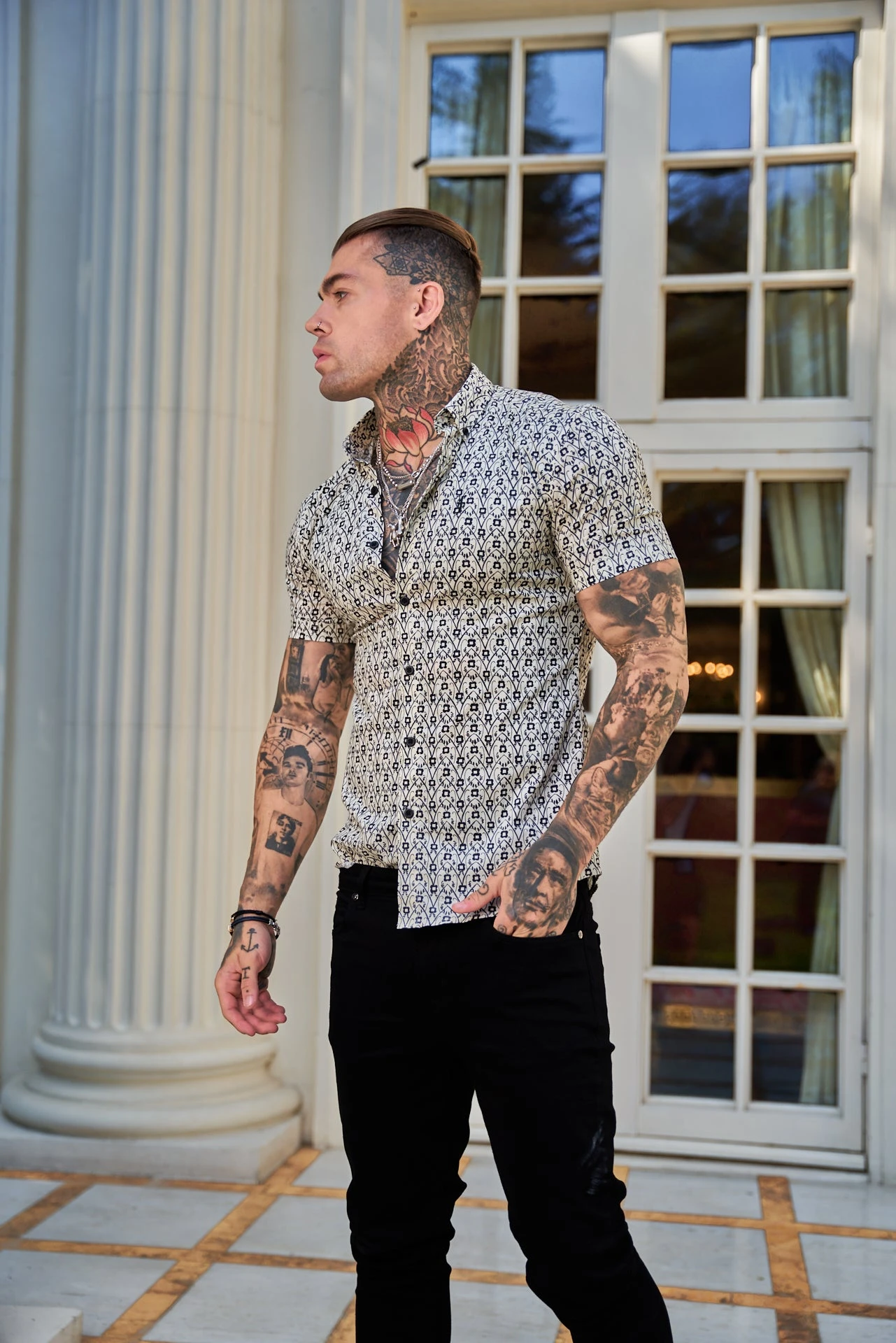 Father Sons Super Slim Stretch Ecru / Black Geo Flower Print Short Sleeve With Button Down Collar - FS788 - Image 11