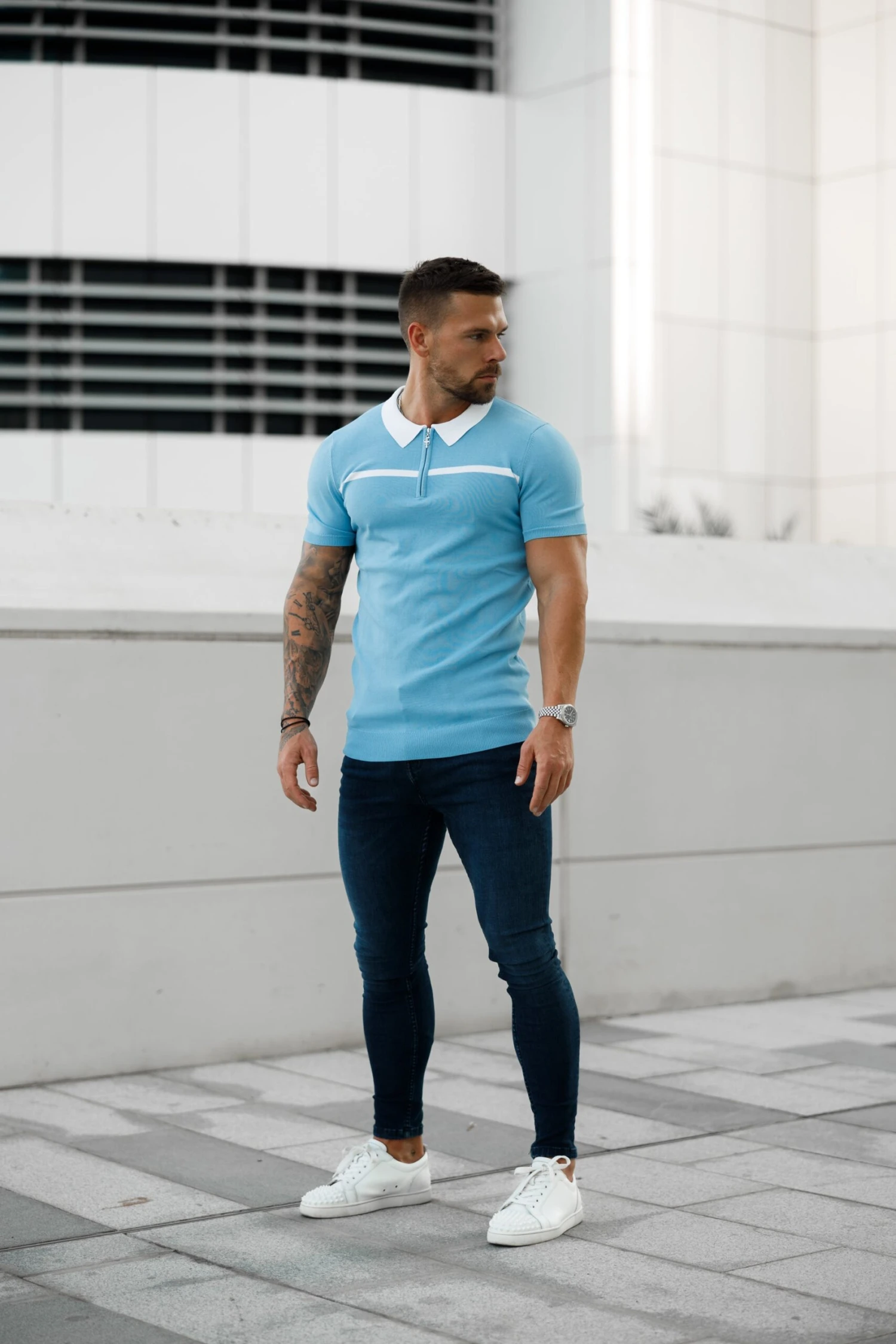 Father Sons Classic Sky Blue / White Horizontal Stripe Zipped Polo Short Sleeve - FSN058 - Image 14