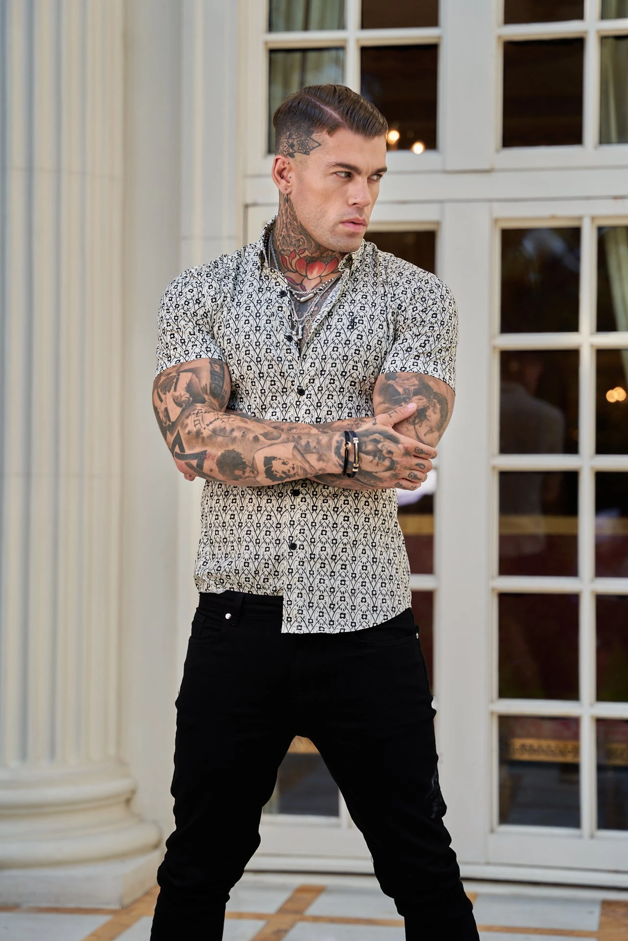 Father Sons Super Slim Stretch Ecru / Black Geo Flower Print Short Sleeve With Button Down Collar - FS788 - Image 9