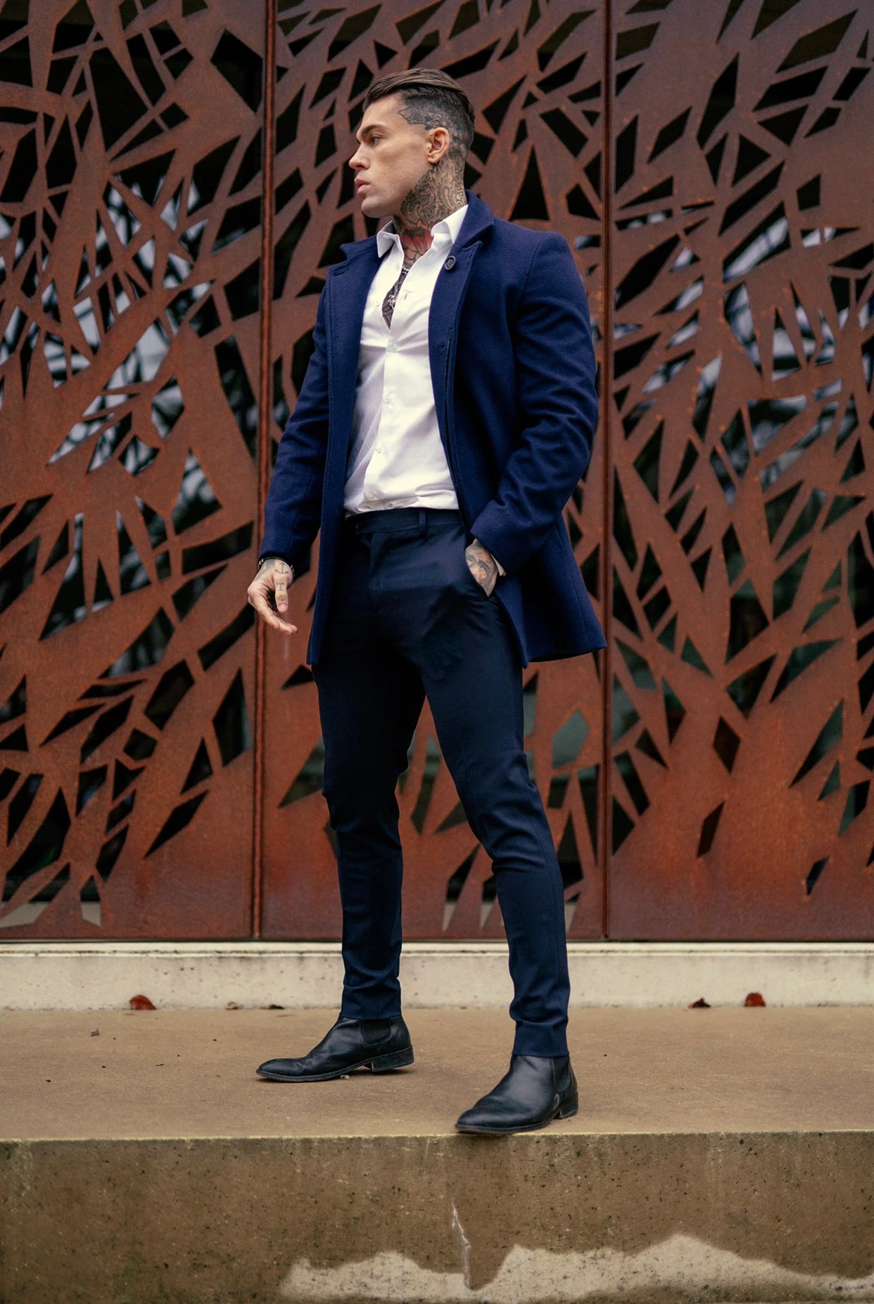 Father Sons Slim Cashmere Funnel Neck Coat Navy - FSCOAT003 - Image 6