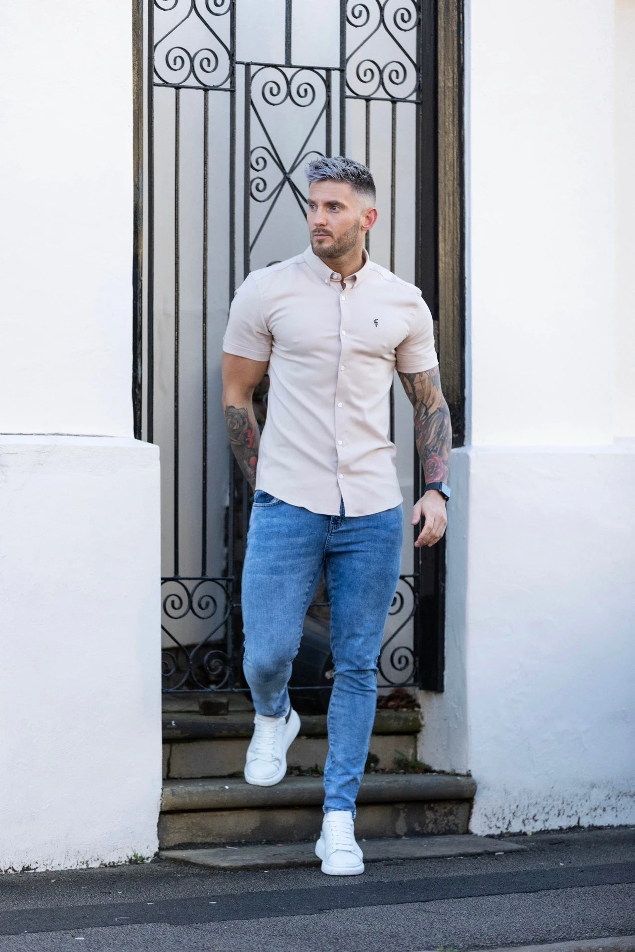 Father Sons Super Slim Scuba Taupe Short Sleeve Stretch White Buttons - FS487W - Image 4