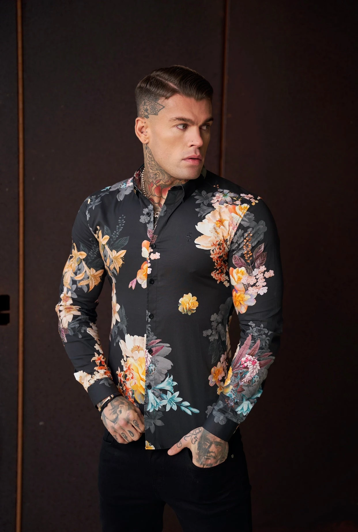 Father Sons Super Slim Stretch Black Mixed Lily Floral Print Long Sleeve With Button Down Collar - FS854 - Image 5