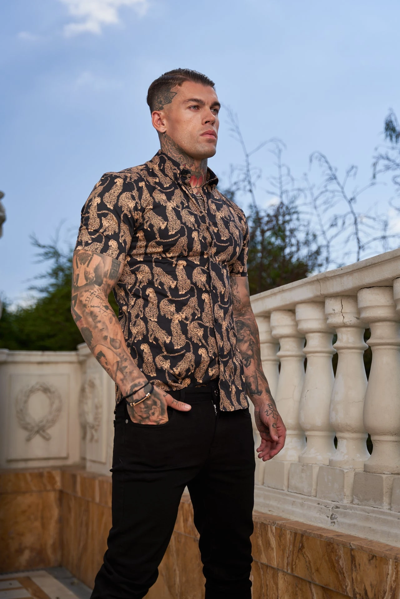 Father Sons Super Slim Stretch Black / Tan Cheetah Print Short Sleeve With Button Down Collar - FS789 - Image 8