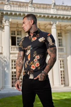 Father Sons Super Slim Stretch Black Crane Print Short Sleeve With Button Down Collar - FS768