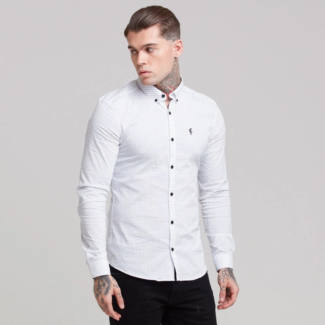 Father Sons Super Slim Stretch White & Navy Ditsy Print Long Sleeve FS415 - Image 5