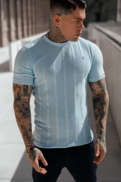 Father Sons Classic Short Sleeve Baby Blue Knitted Wide Rib Crew With Silver Emblem - FSH739