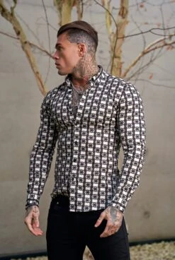 Father Sons Super Slim Stretch Black / Cream / Taupe Link Print Long Sleeve With Button Down Collar - FS848