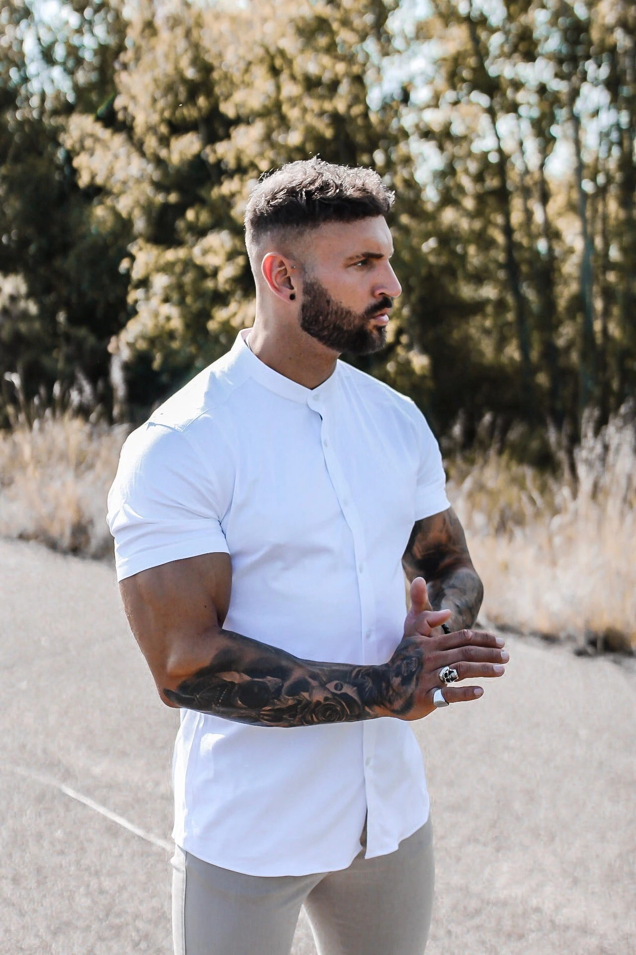 Father Sons Super Slim Stretch Classic All White Grandad Collar Short Sleeve - FS580 - Image 8