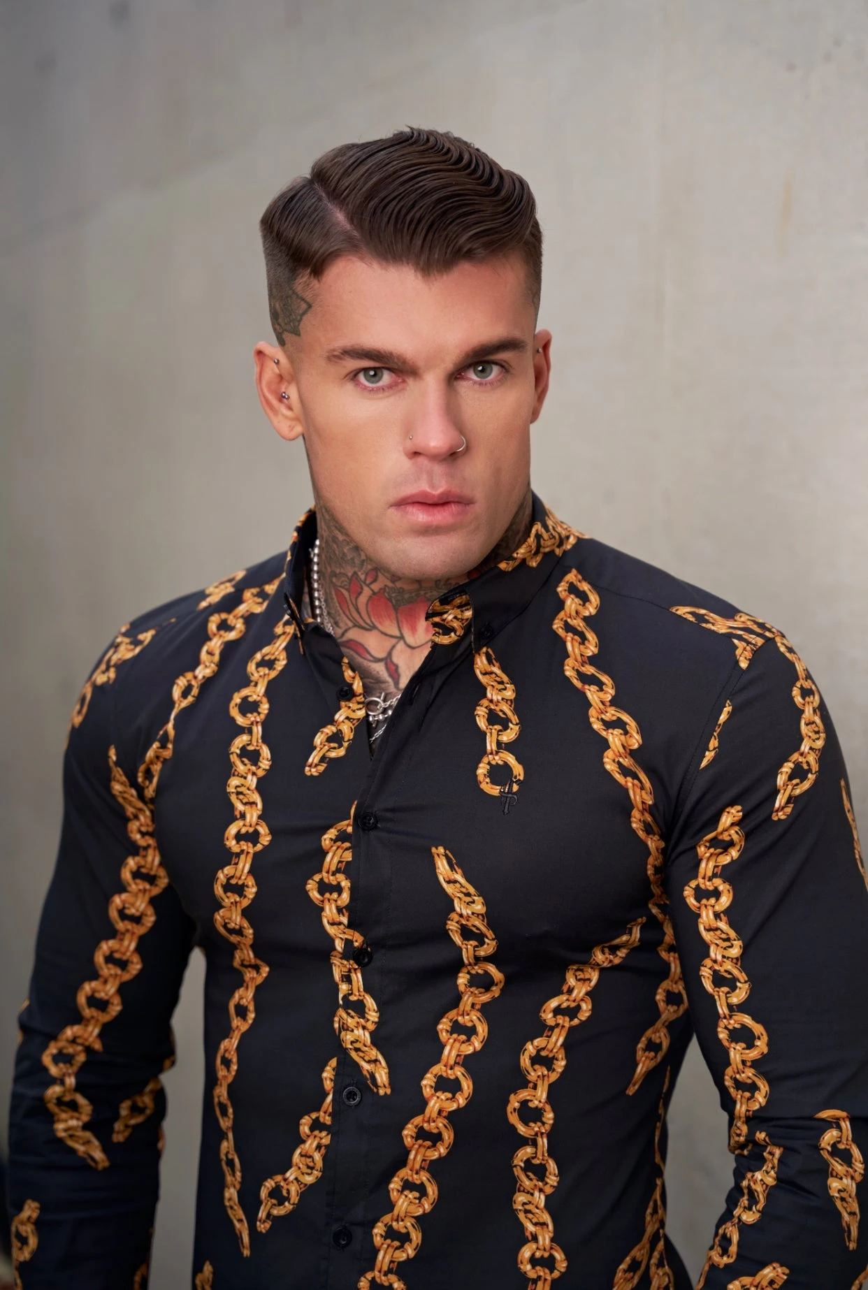Father Sons Super Slim Stretch Black / Gold Chain Print Long Sleeve With Button Down Collar - FS856 - Image 6