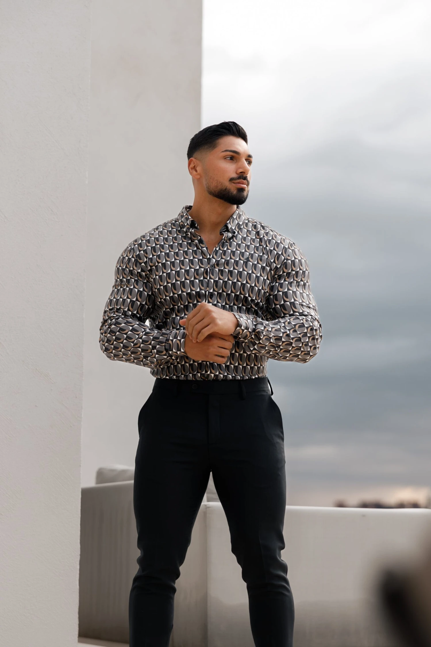 Father Sons Super Slim Stretch Black Multi Retro Print Long Sleeve With Button Down Collar - FS910 - Image 8