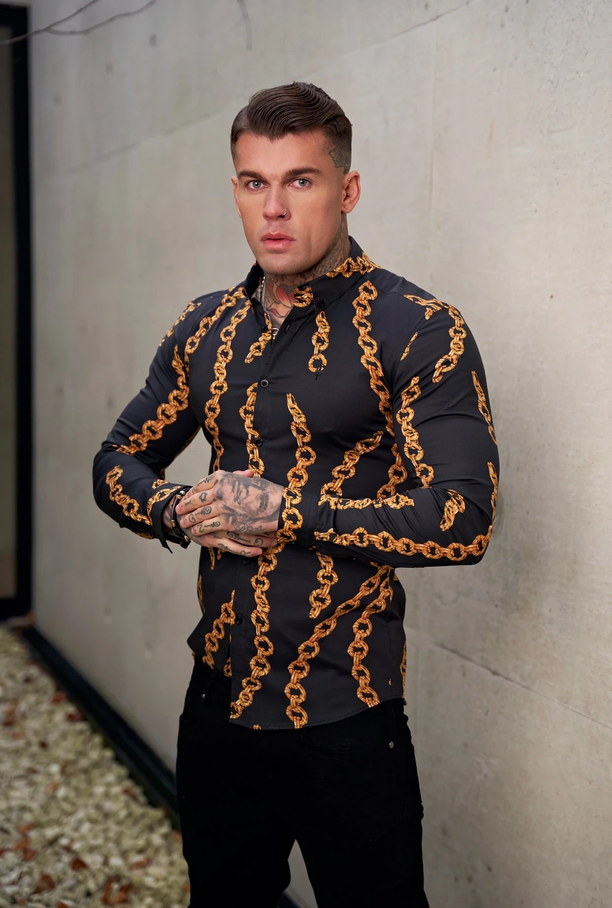 Father Sons Super Slim Stretch Black / Gold Chain Print Long Sleeve With Button Down Collar - FS856 - Image 3