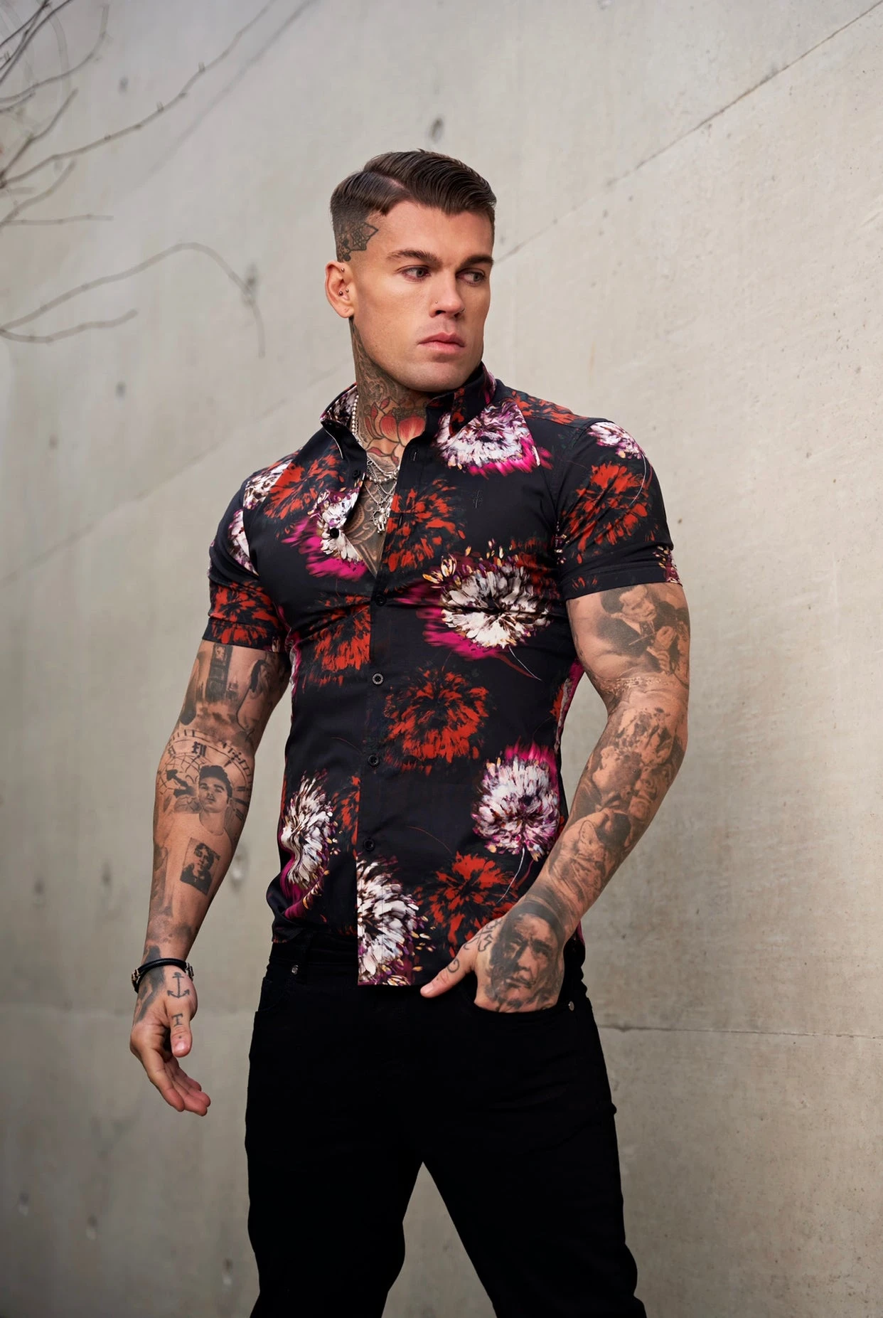Father Sons Super Slim Stretch Black With Red / Pink Blurred Flower Print Short Sleeve With Button Down Collar - FS845 - Image 4