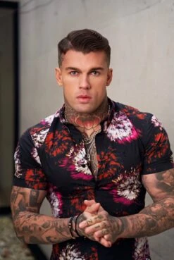 Father Sons Super Slim Stretch Black With Red / Pink Blurred Flower Print Short Sleeve With Button Down Collar - FS845
