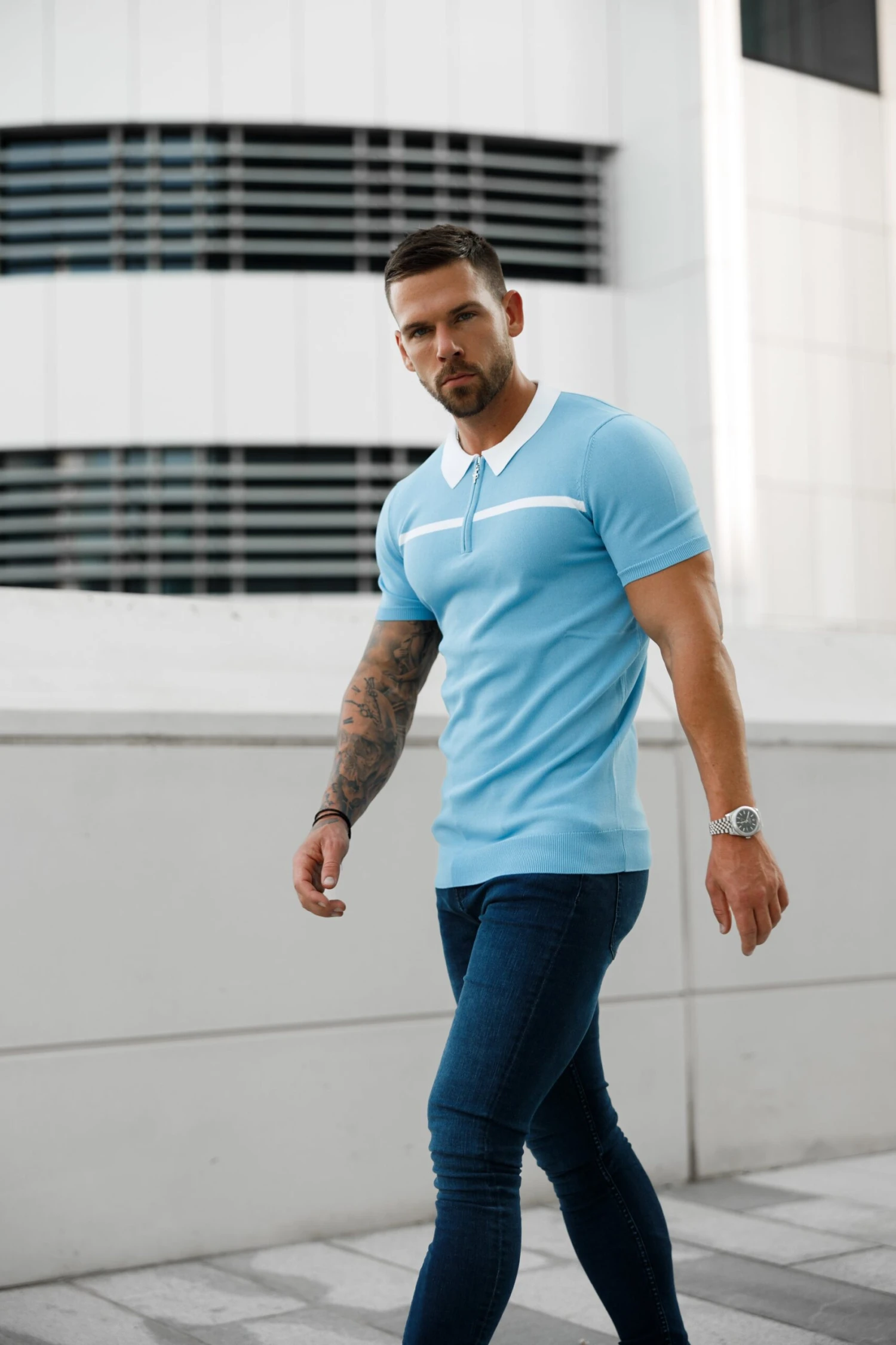 Father Sons Classic Sky Blue / White Horizontal Stripe Zipped Polo Short Sleeve - FSN058 - Image 6