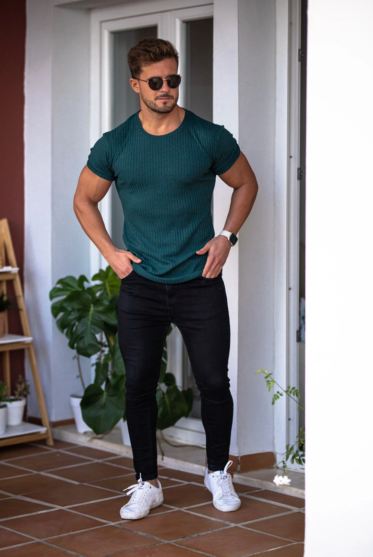 Father Sons Classic Forest Green Ribbed Knit Super Slim Short Sleeve Crew - FSH612 - Image 2