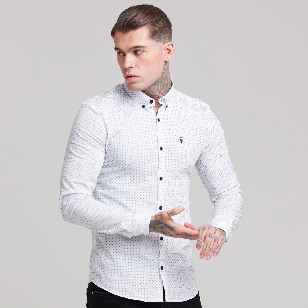 Father Sons Super Slim Stretch White & Navy Ditsy Print Long Sleeve FS415 - Image 2