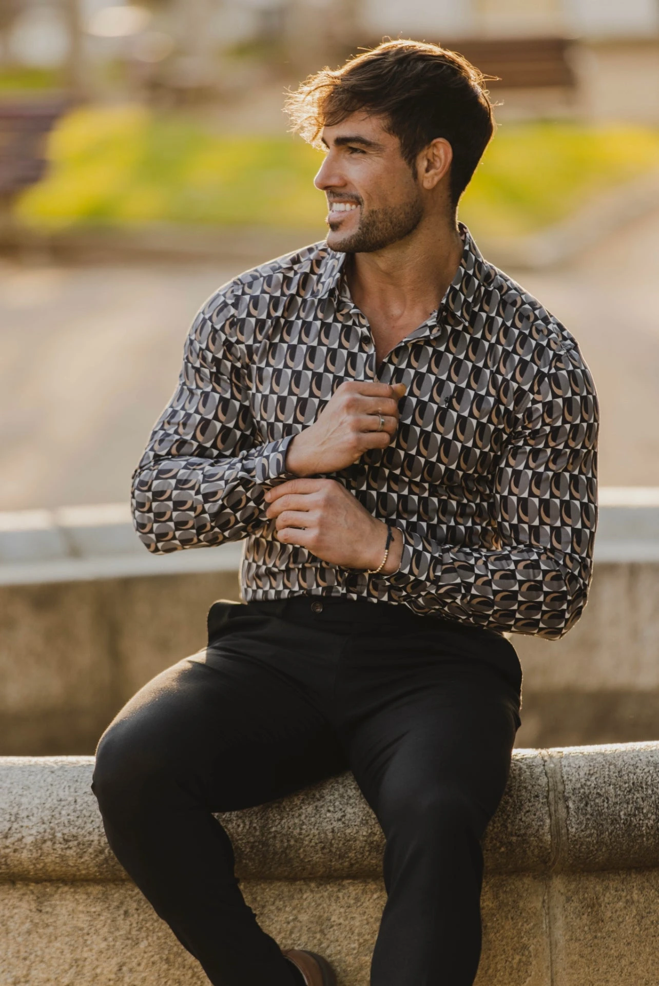Father Sons Super Slim Stretch Black Multi Retro Print Long Sleeve With Button Down Collar - FS910 - Image 6