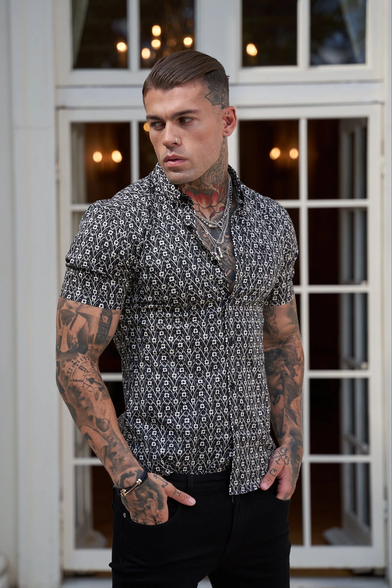 Father Sons Super Slim Stretch Black And Ecru Geo Flower Print Short Sleeve With Button Down Collar - FS787 - Image 10
