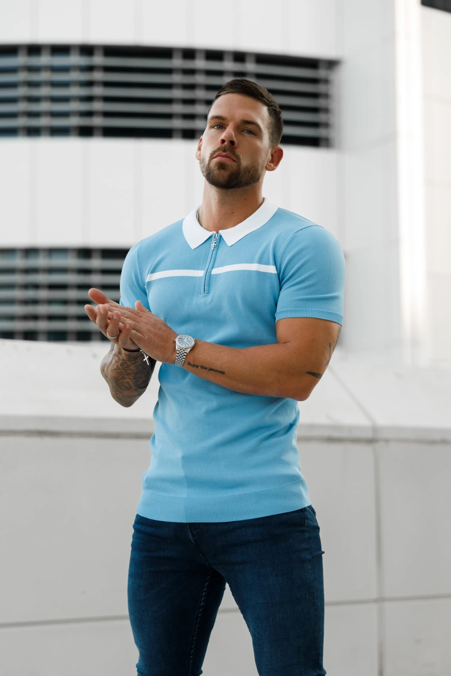Father Sons Classic Sky Blue / White Horizontal Stripe Zipped Polo Short Sleeve - FSN058 - Image 16