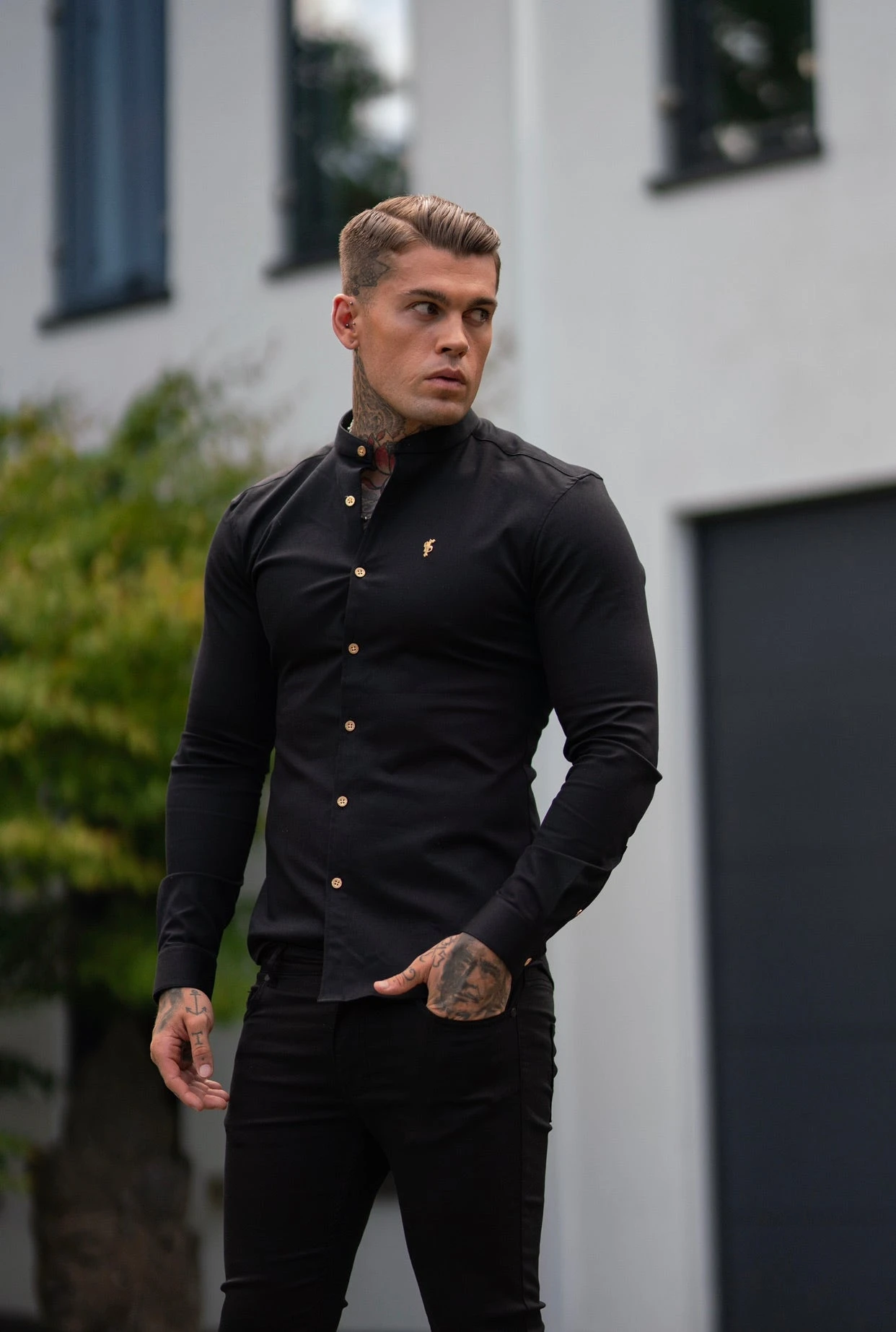 Father Sons Super Slim Stretch Black Denim Long Sleeve Grandad Collar With Metal Buttons And Decal Emblem - FS707 - Image 11