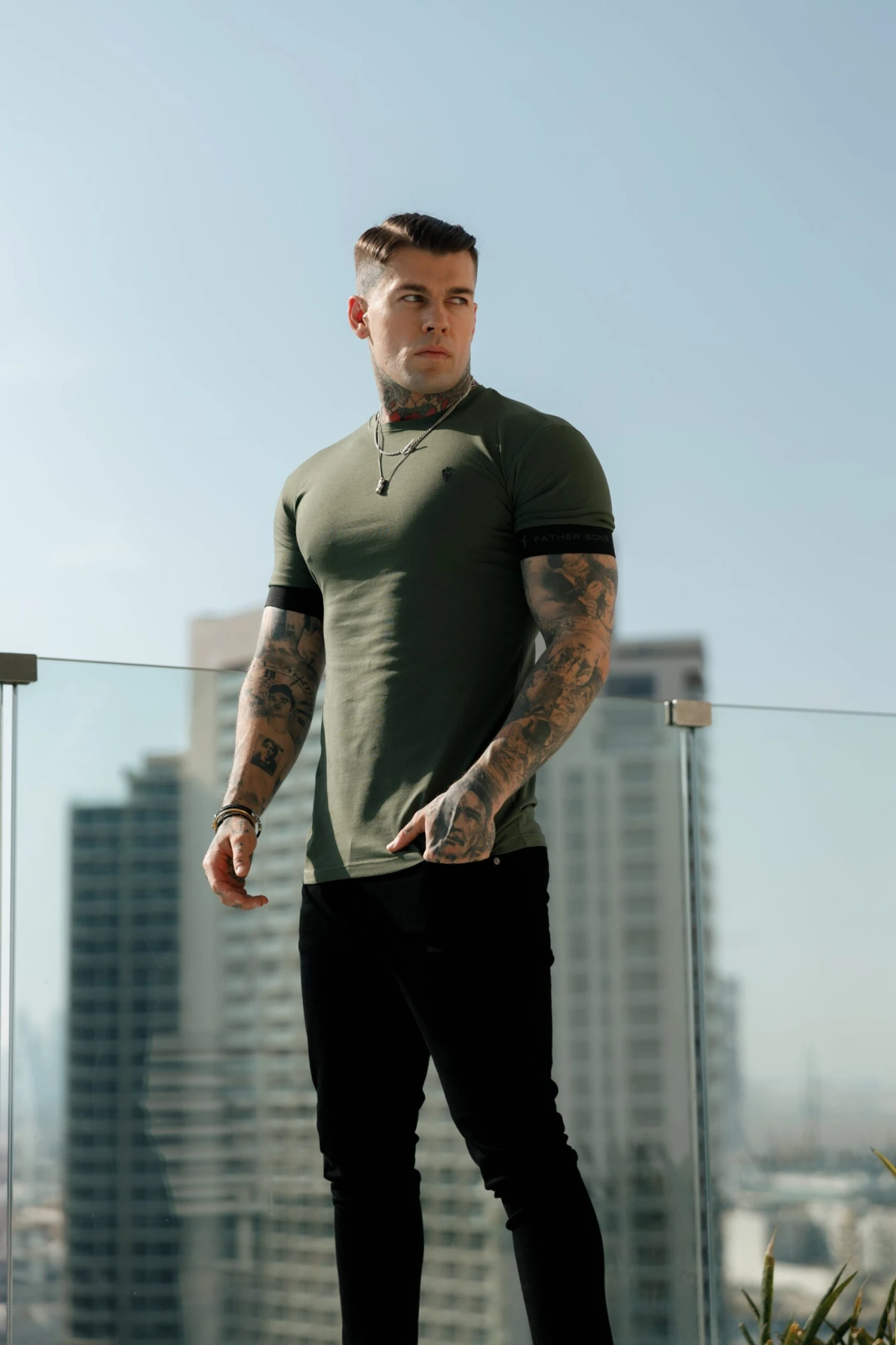 Father Sons Classic Khaki Crew T Shirt With FS Elastic Sleeve Branding - FSH781 - Image 4