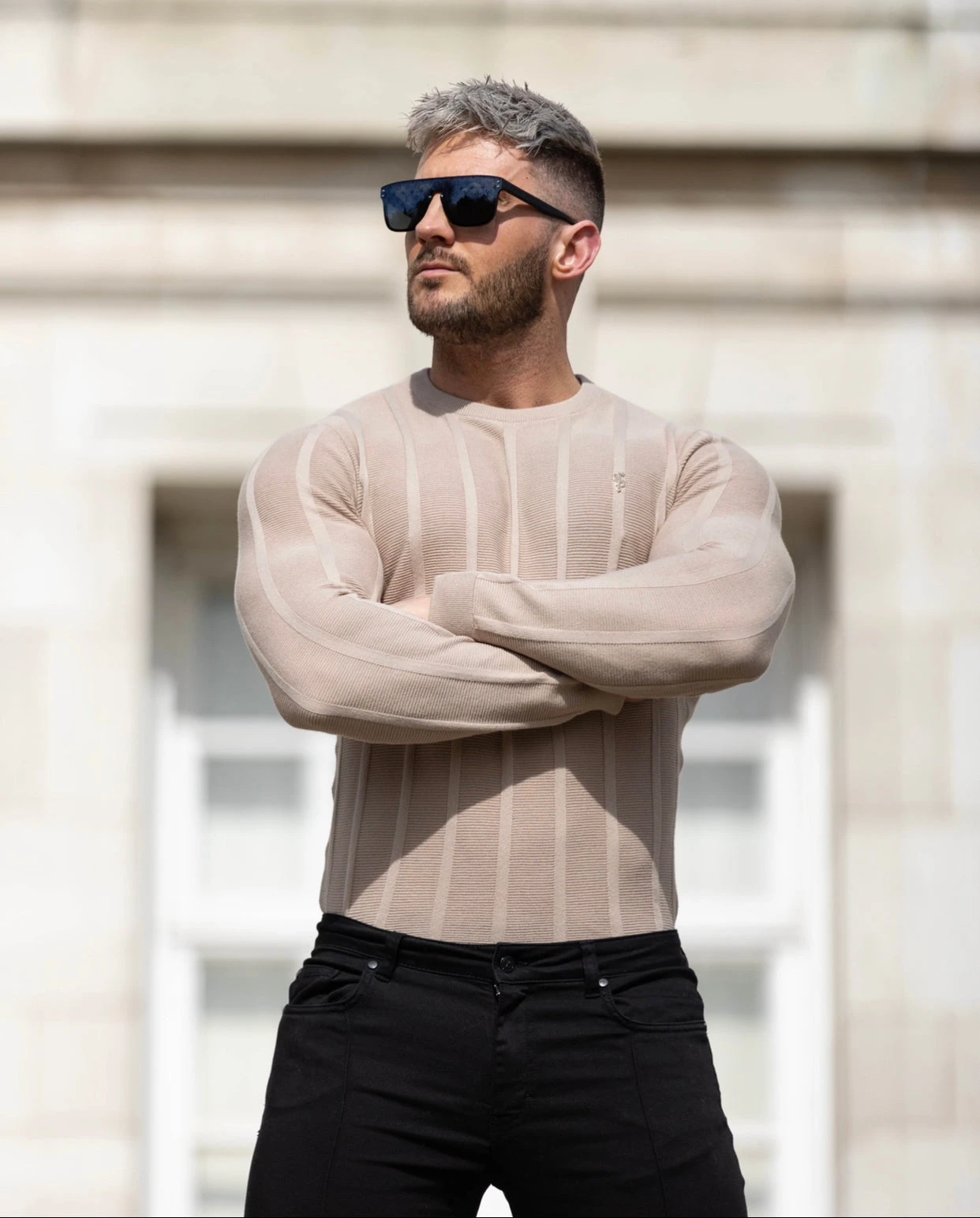 Father Sons Classic Long Sleeve Oatmeal Knitted Wide Rib Crew With Gold Emblem - FSH740 - Image 7