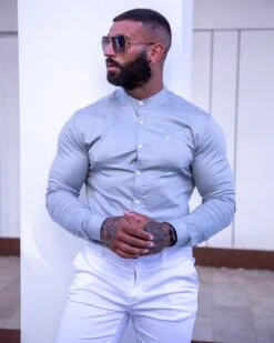 Father Sons Super Slim Luxe Ultra Stretch Light Grey Long Sleeve With Grandad Collar - FS779
