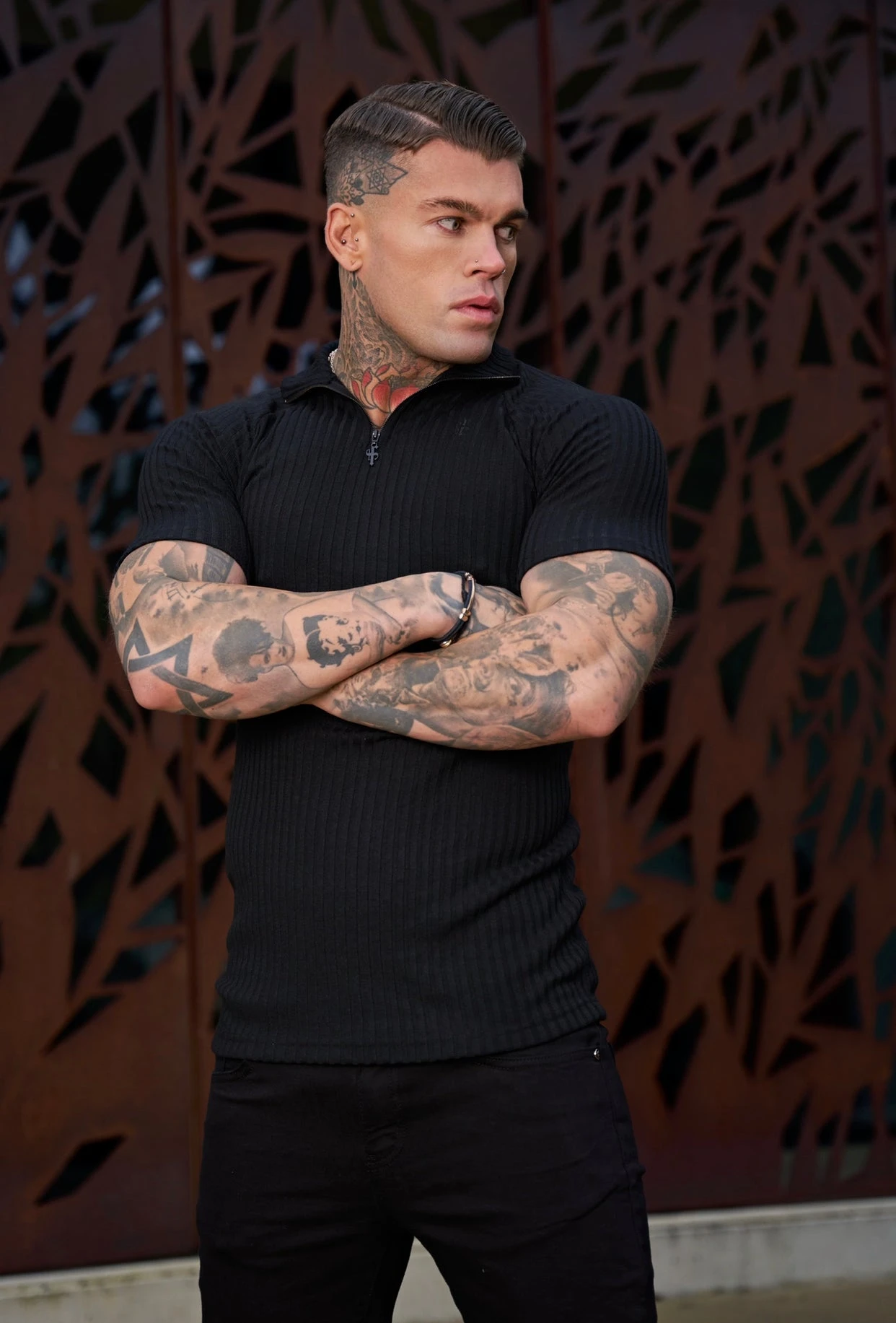 Father Sons Classic Black Ribbed Zip Funnel Neck Raglan Short Sleeve Crew - FSH729 - Image 17