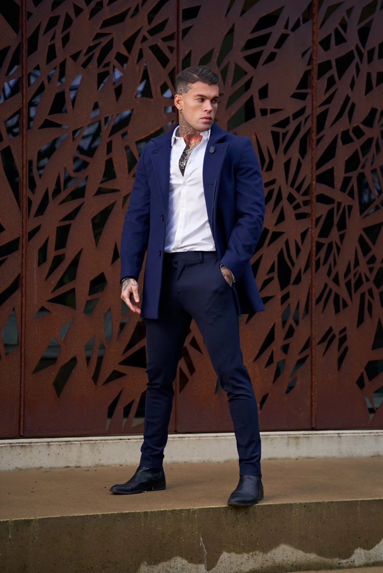 Father Sons Slim Cashmere Funnel Neck Coat Navy - FSCOAT003 - Image 4