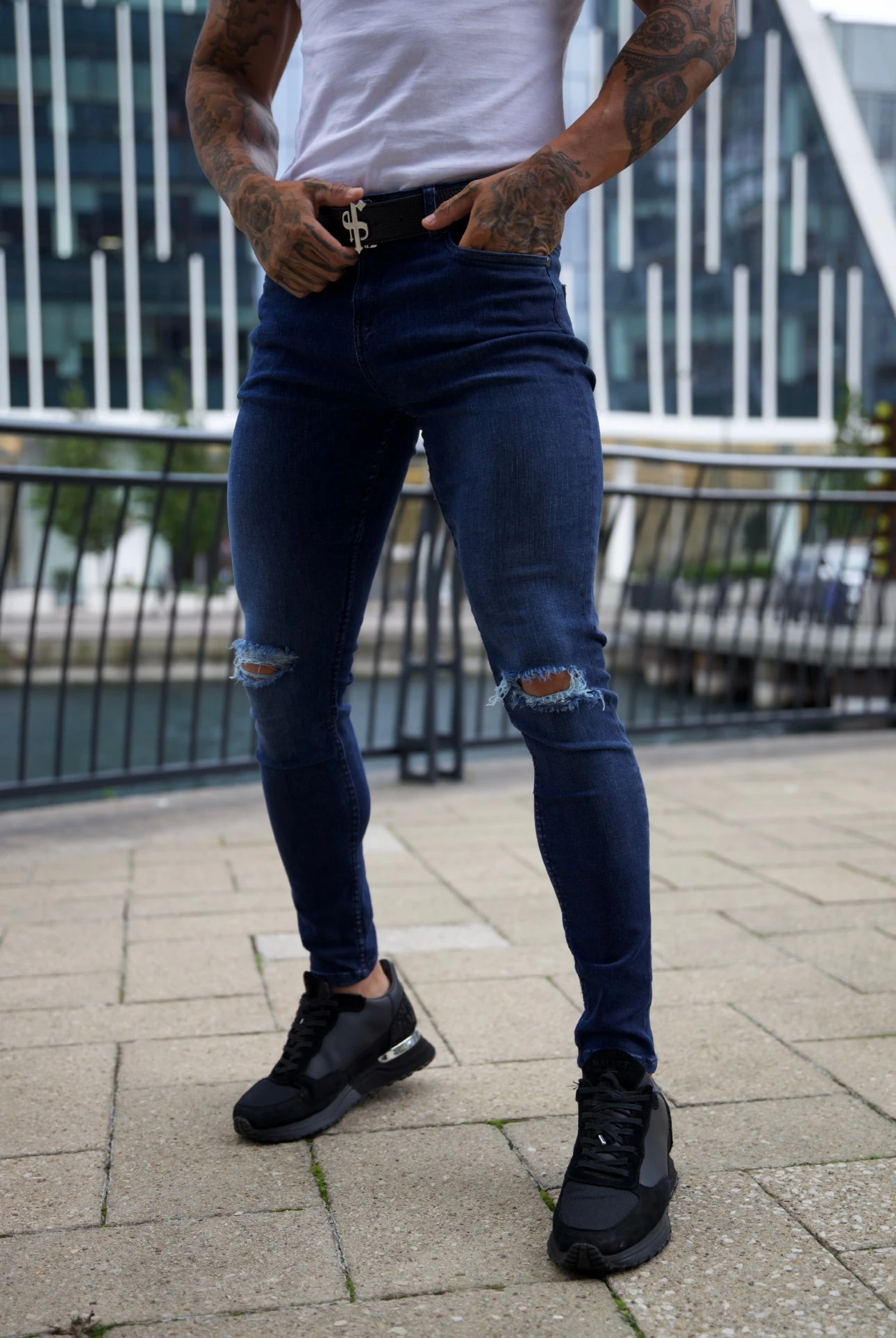 Father Sons Ultra Stretch Navy Slim Jeans With Knee Rips - FSJEAN004 - Image 2