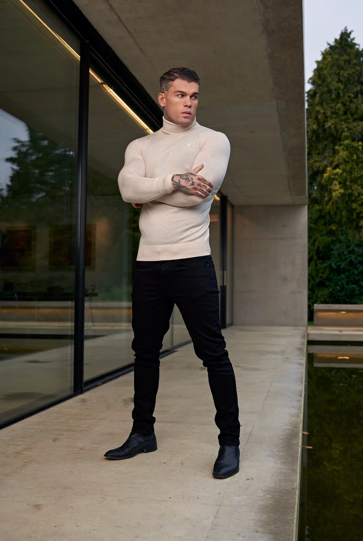 Father Sons Classic Beige Roll Neck Merino Wool Knitted Jumper With FS Embroidery - FSN012 - Image 3