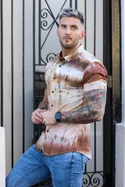Father Sons Super Slim Stretch Neutral Tie Dye Print Short Sleeve With Button Down Collar - FS813