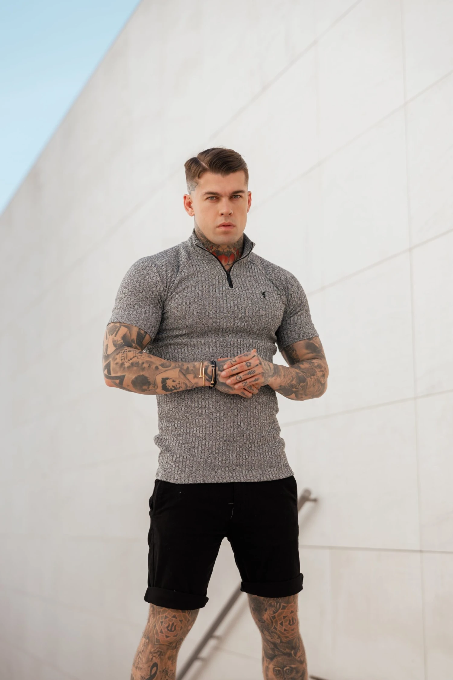 Father Sons Classic Grey Ribbed Zip Funnel Neck Raglan Short Sleeve Crew - FSH730 - Image 7