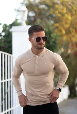 Father Sons Classic Beige Long Polo Shirt With Gold Metal Emblem Decal & Buttons - FSH518