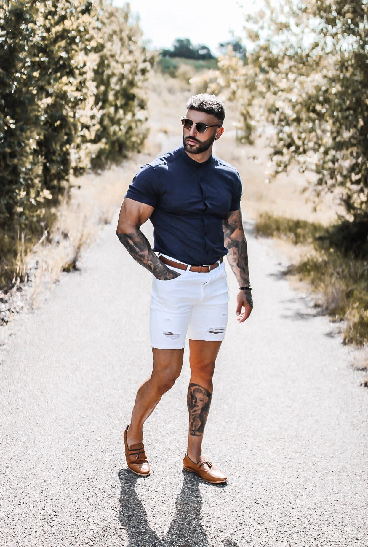 Father Sons Super Slim Stretch Grandad Collar Short Sleeve Classic Navy Oxford - FS584 - Image 10