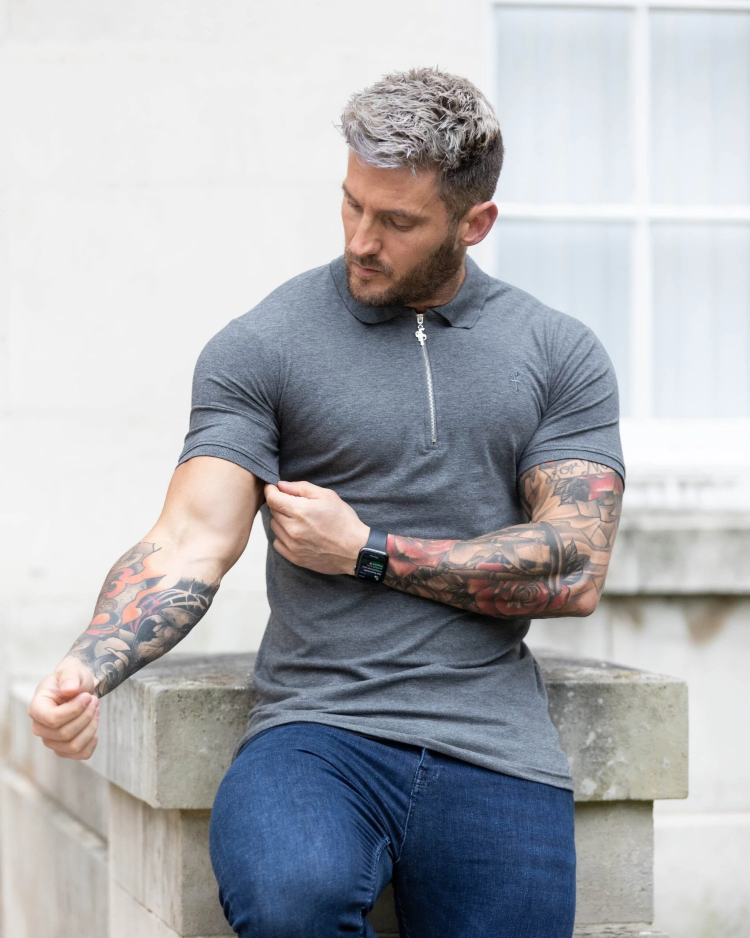 Father Sons Classic Dark Grey And Silver Zipped Polo Shirt - FSH812 - Image 6