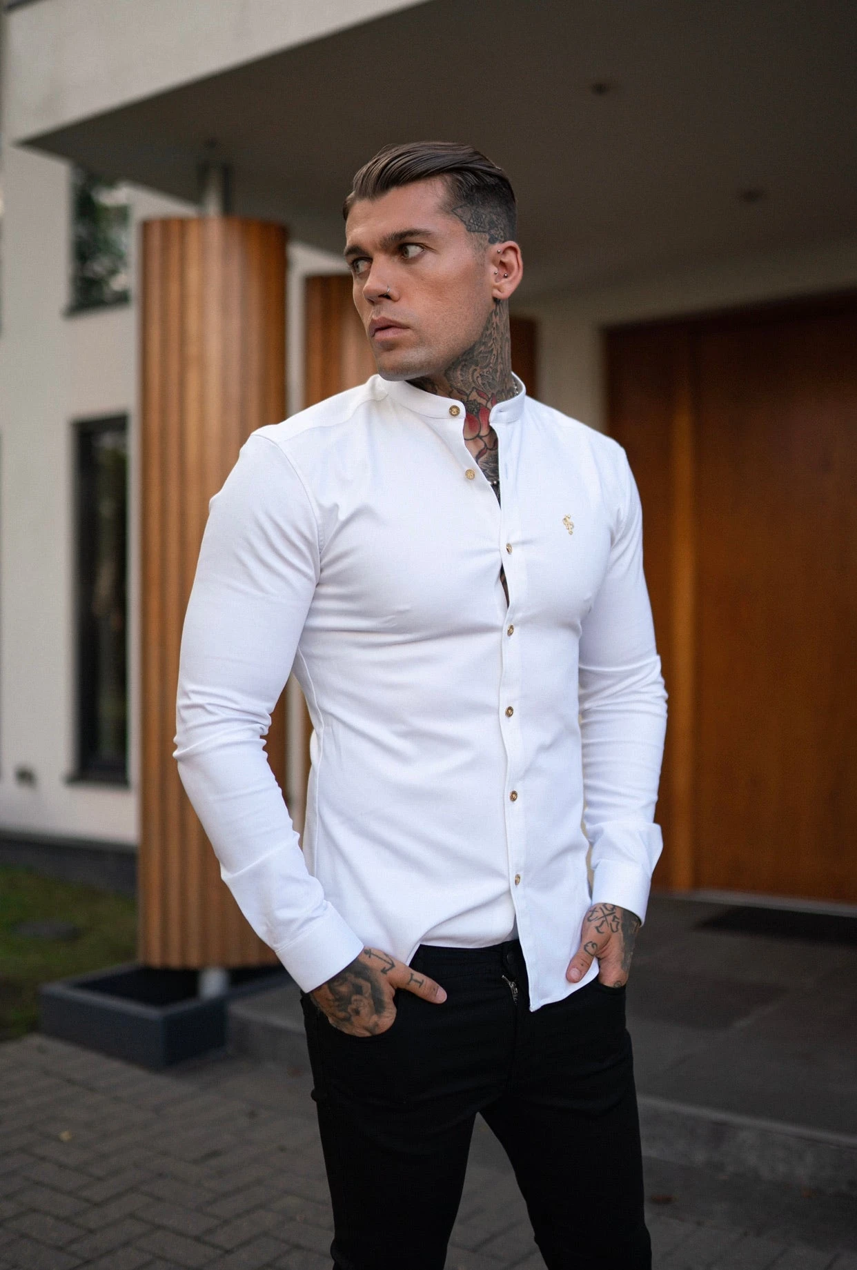Father Sons Super Slim Stretch White Denim Long Sleeve Grandad Collar With Metal Buttons And Decal Emblem - FS719 - Image 13