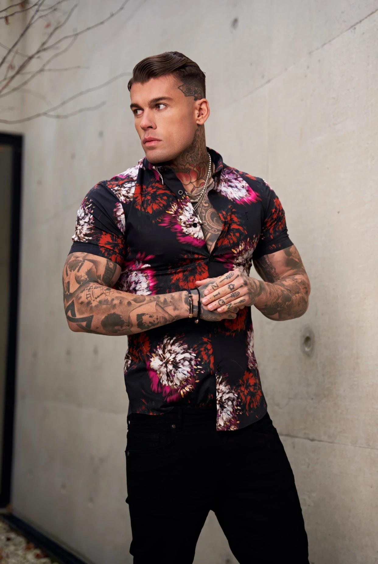 Father Sons Super Slim Stretch Black With Red / Pink Blurred Flower Print Short Sleeve With Button Down Collar - FS845 - Image 5