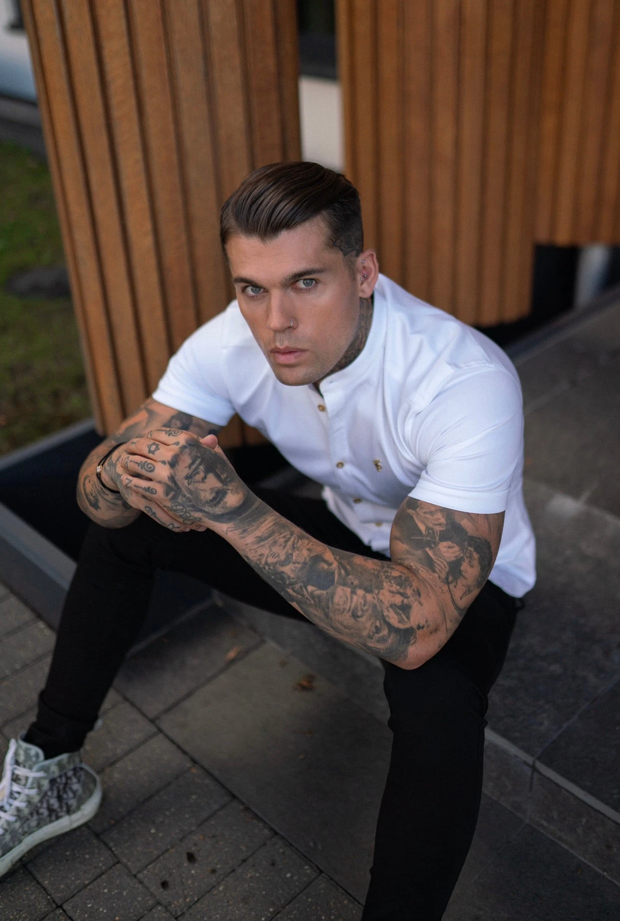 Father Sons Super Slim Stretch White Denim Short Sleeve Grandad Collar With Metal Buttons And Decal Emblem - FS720 - Image 7