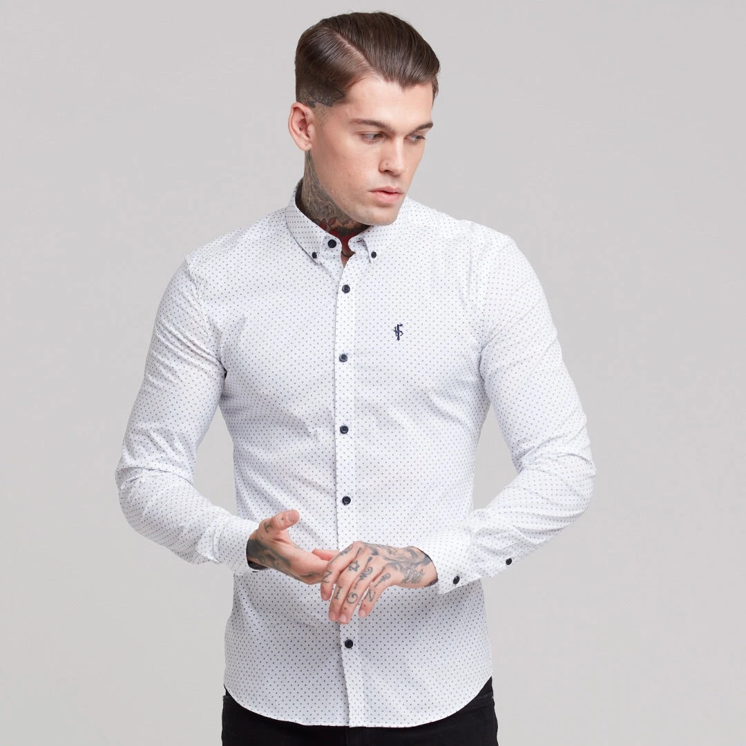 Father Sons Super Slim Stretch White & Navy Ditsy Print Long Sleeve FS415 - Image 4