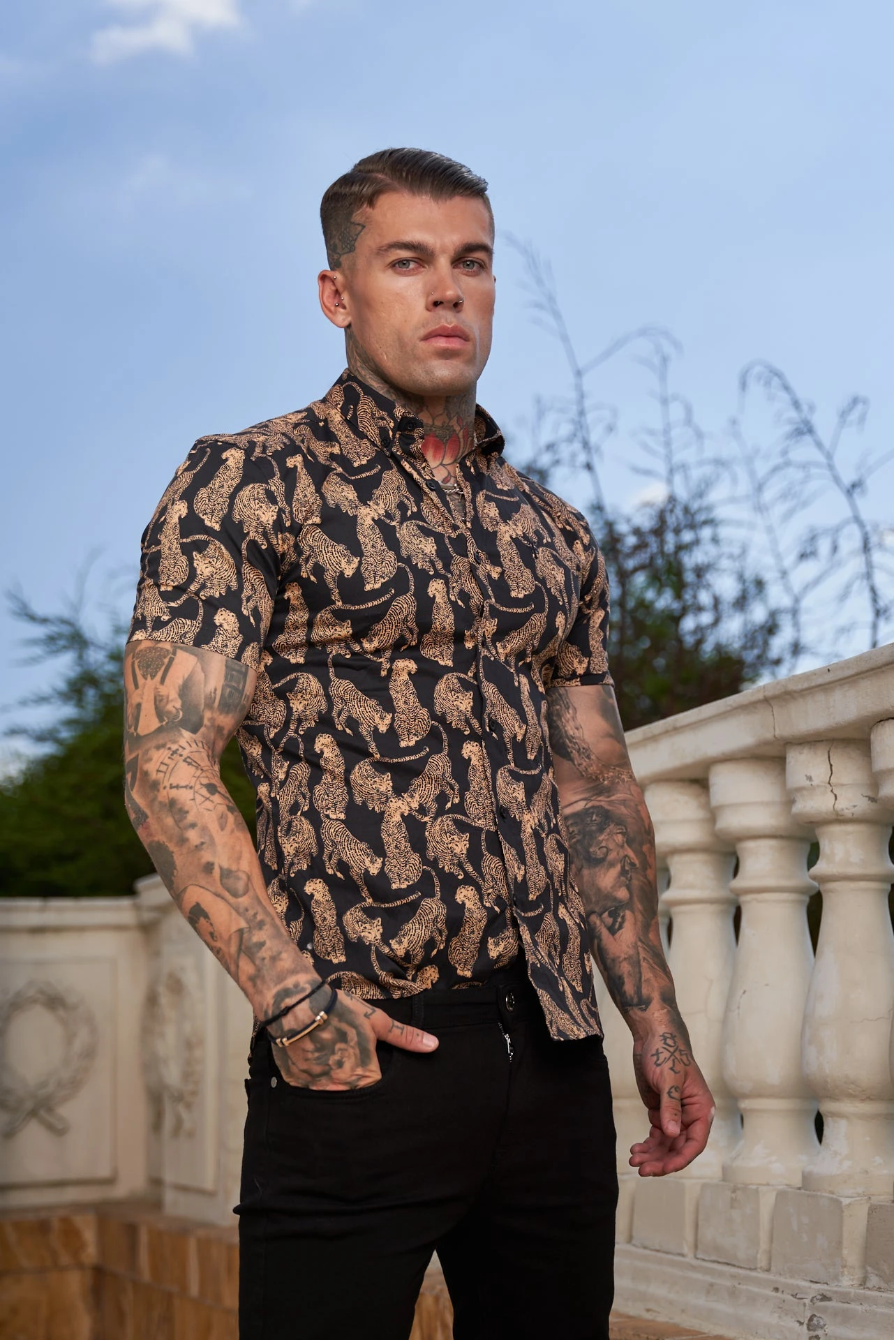 Father Sons Super Slim Stretch Black / Tan Cheetah Print Short Sleeve With Button Down Collar - FS789 - Image 5