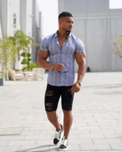 Father Sons Super Slim Stretch Prince Of Wales White And Navy Print Check Short Sleeve - FS747