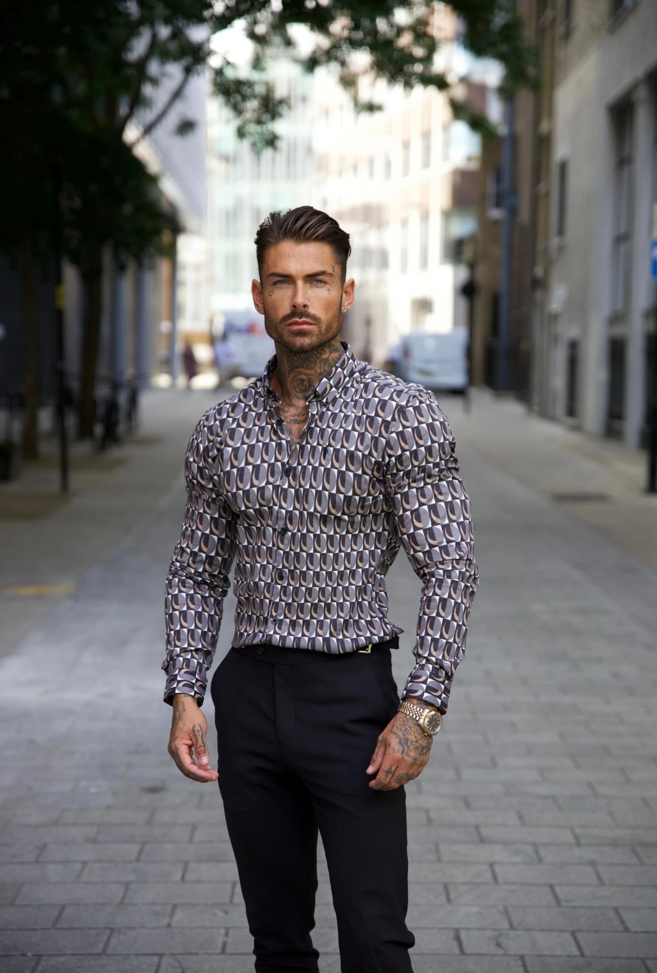 Father Sons Super Slim Stretch Black Multi Retro Print Long Sleeve With Button Down Collar - FS910 - Image 18