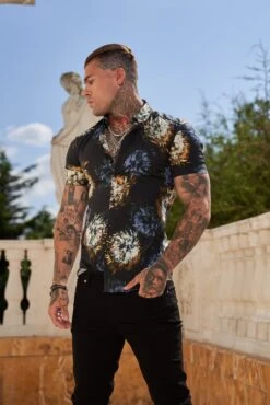 Father Sons Super Slim Stretch Black Base Blurred Flower Print Short Sleeve With Button Down Collar - FS801