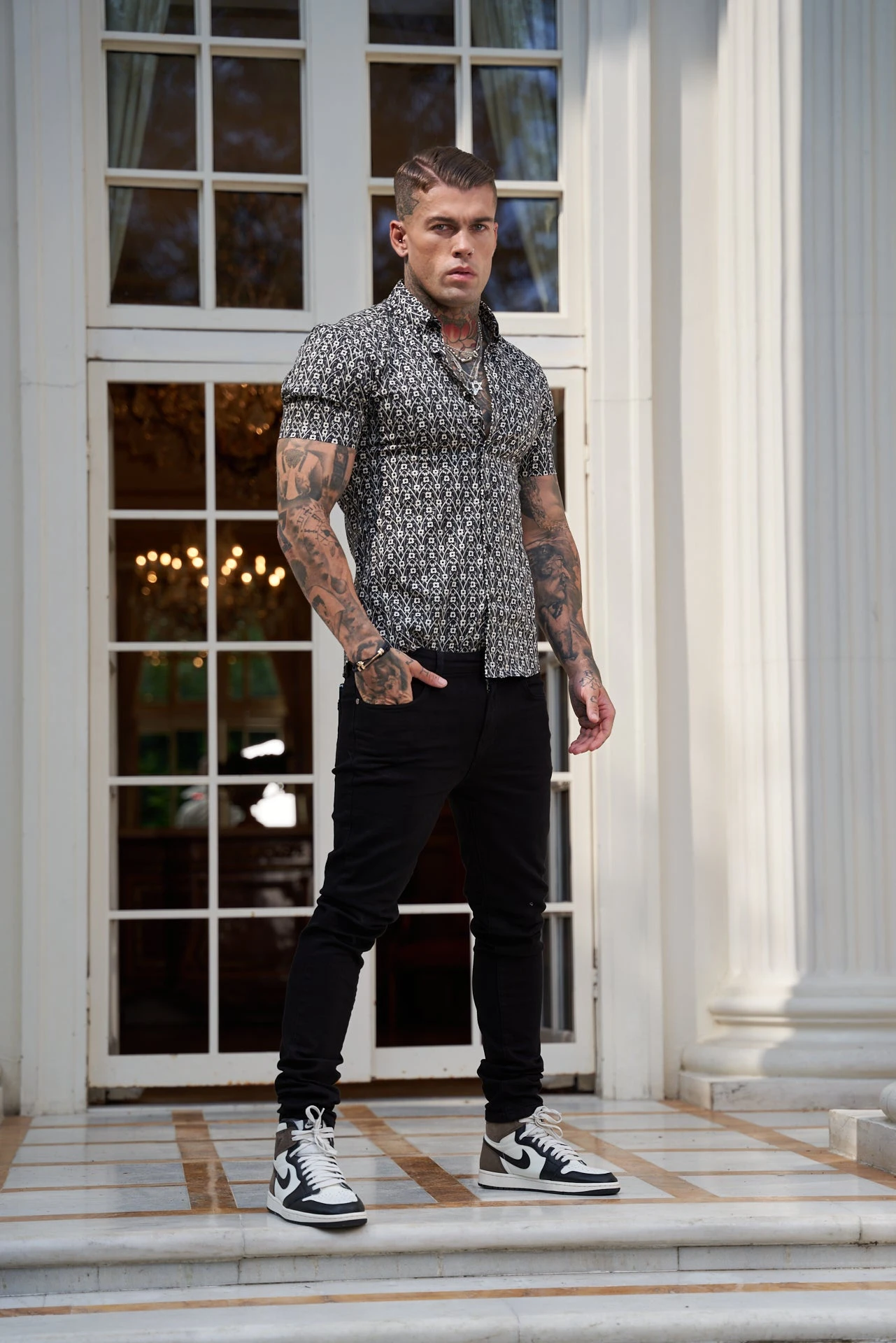 Father Sons Super Slim Stretch Black And Ecru Geo Flower Print Short Sleeve With Button Down Collar - FS787 - Image 9