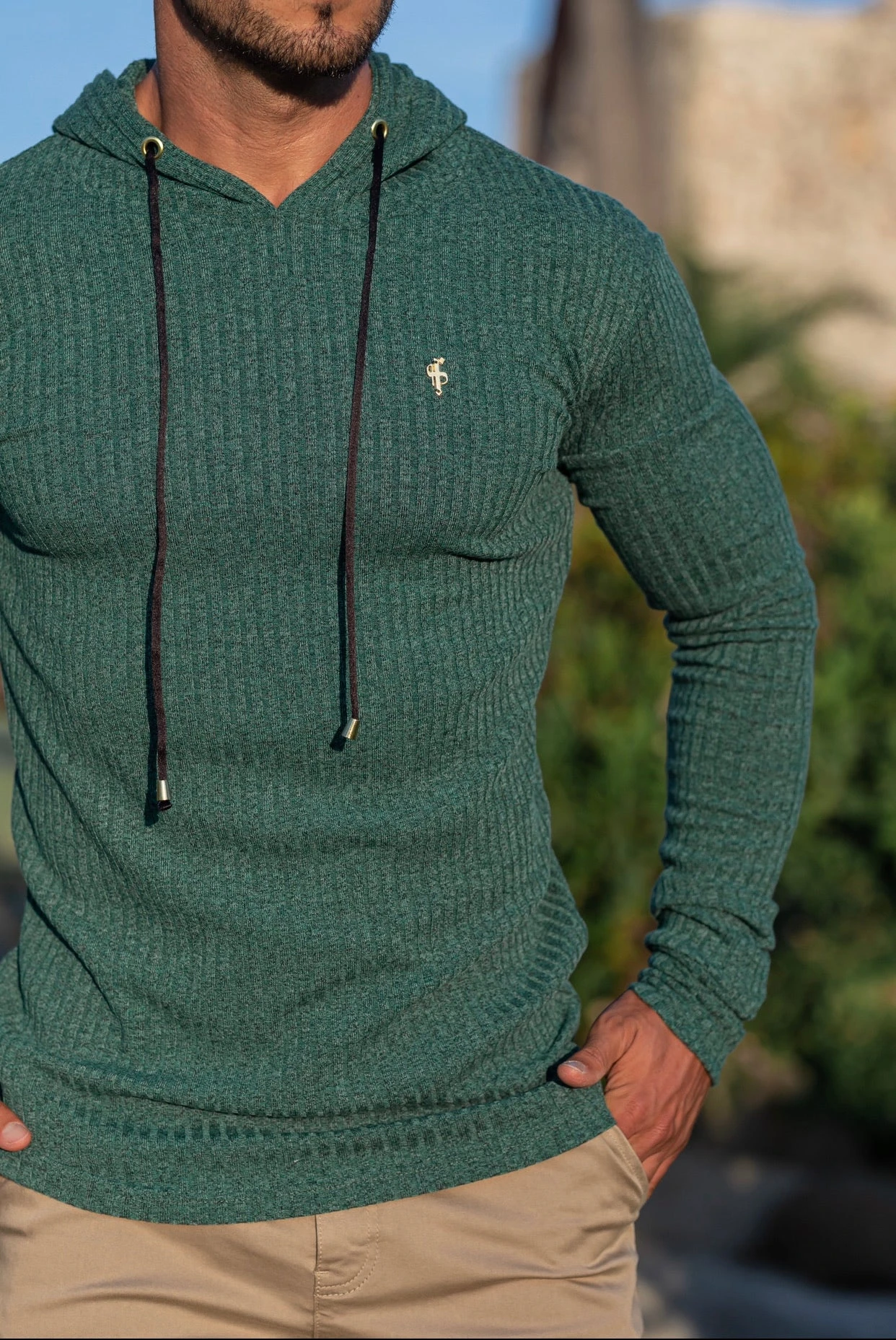 Father Sons Classic Forest Green / Gold Ribbed Knit Hoodie Jumper - FSH508 - Image 3