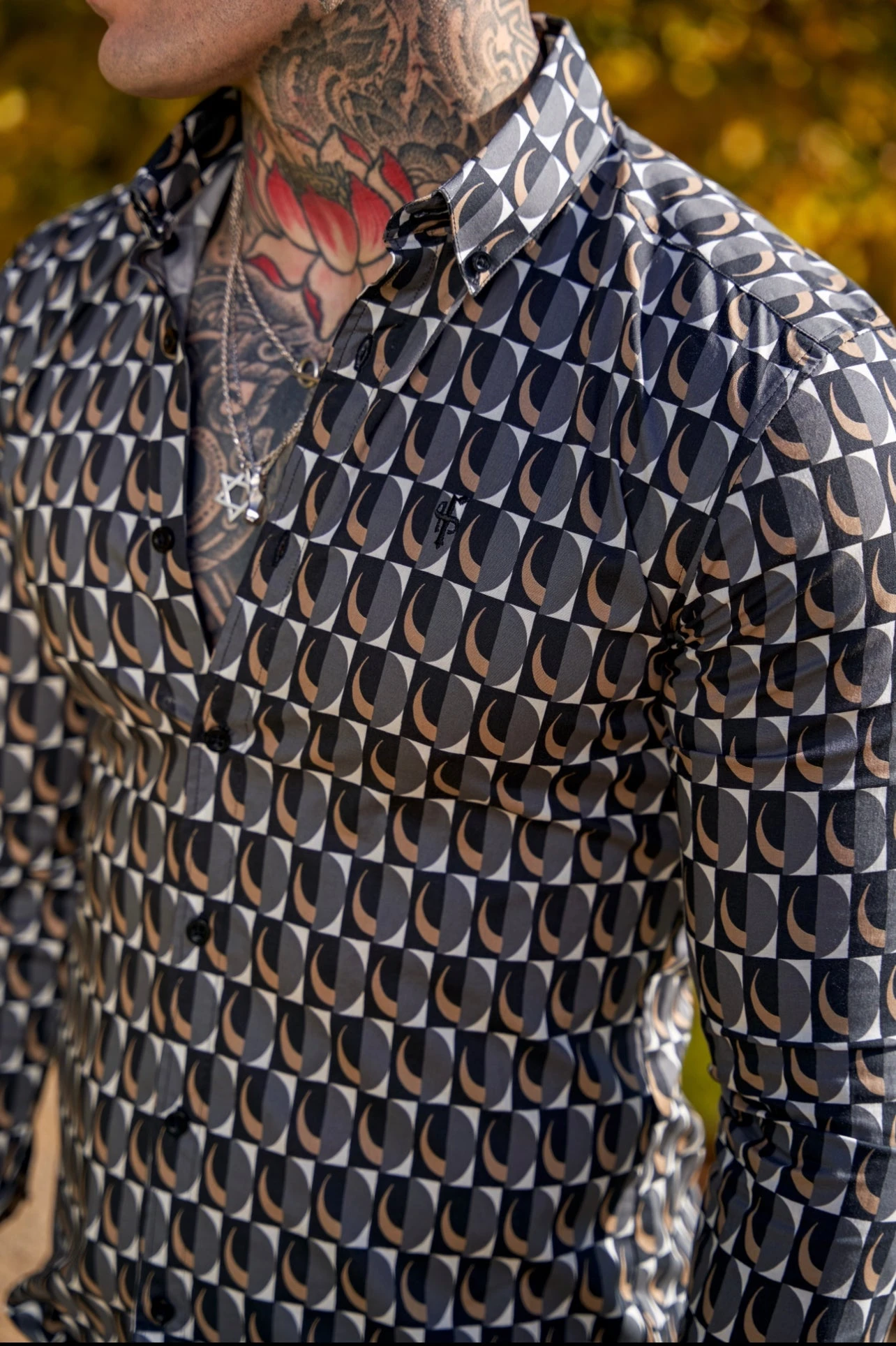 Father Sons Super Slim Stretch Black Multi Retro Print Long Sleeve With Button Down Collar - FS910 - Image 13