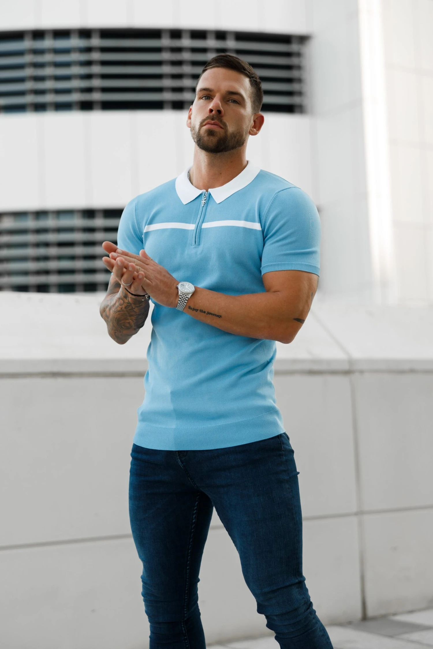 Father Sons Classic Sky Blue / White Horizontal Stripe Zipped Polo Short Sleeve - FSN058 - Image 8